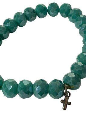 Beaded Bracelet Faceted Green Cross Charm Elastic Stretch Jewelry Sparkly